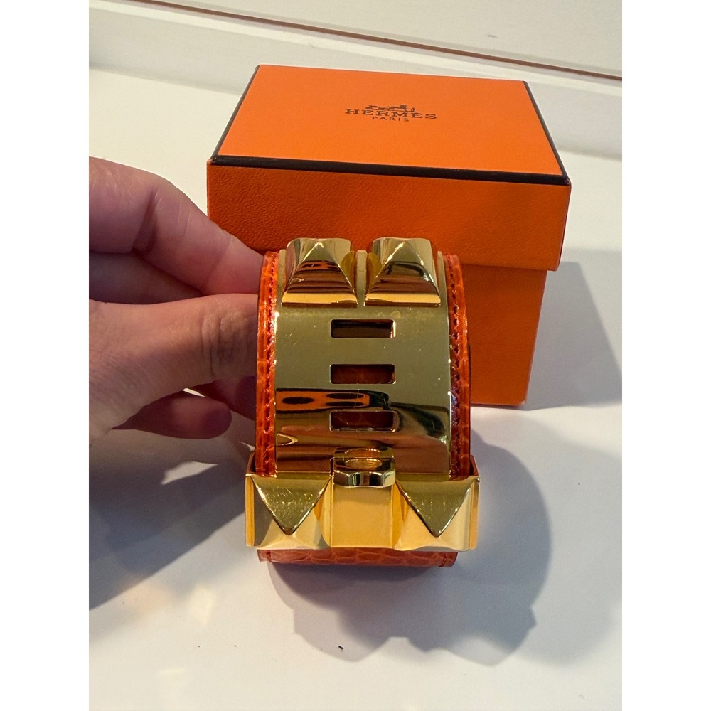 Hermes Collier de Chien CDC Bracelet Orange Alligator Gold Hardware Cuff Box - Picture 5 of 9